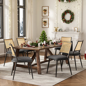 English Elm Dining Chairs Mid-Century Modern Rattan Backrest Bouclé Upholstered Metal Frame Comfortable Design DARK GREY T3623P379930