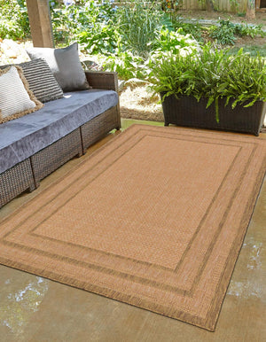 Unique Loom Outdoor Border Multi Border Machine Made Border Rug Tan, Light Brown 6' 1" x 9' 0"