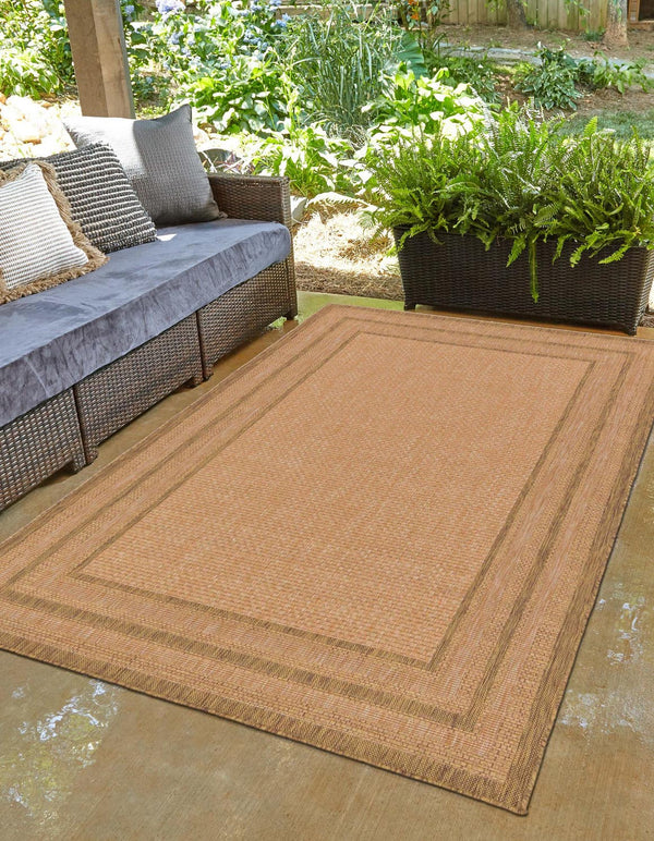 Unique Loom Outdoor Border Multi Border Machine Made Border Rug Tan, Light Brown 6' 1" x 9' 0"