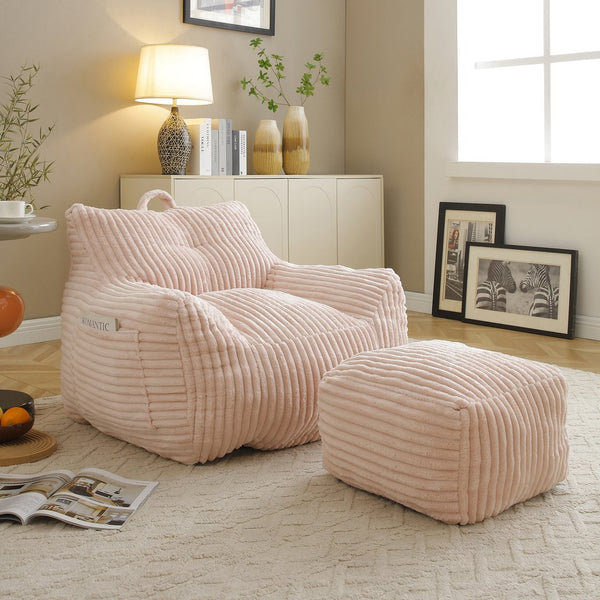 English Elm Giant Plush Bean Bag Chair with Armrests and Footstool for Ultimate Comfort, Durable Corduroy Lounge Sofa Pink W1117P309393