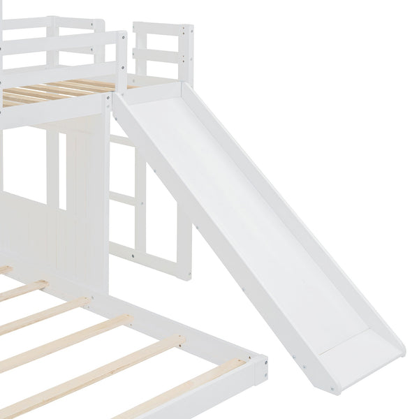 English Elm Wooden Twin Over Full Bunk Bed Farmhouse Playhouse Slide Pinewood Kids Loft White LT000328AAK