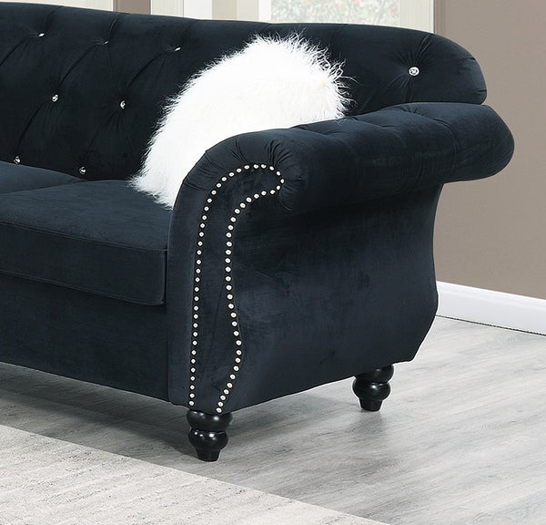 English Elm Formal Crystal-Tufted Velvet Loveseat with Rolled Arms and Silver Nailhead Trim for Elegant Living Rooms Black 34 L x 34 W x 16 H B011S01697