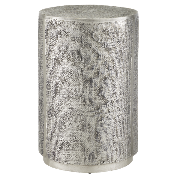 Kabeen Silver Accent Table - Handcrafted Antique Aluminum Design, Textured Industrial Elegance