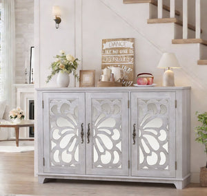English Elm 49.33" Mirrored Lattice Buffet Cabinet with Adjustable Shelves Vintage Wood Grain Sideboard Light Gray W2899P372742