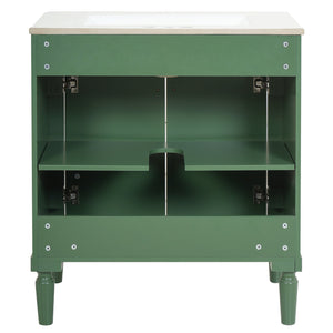 English Elm 30" French Style Bathroom Vanity with Ceramic Basin Soft Close Doors Wood Legs Green N710P415327F