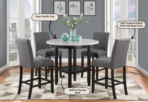 English Elm GRETA Antique White Bar Table with Marble Top, Built-In Shelf & Sturdy Rubberwood Construction B201P226137