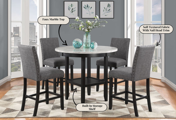 English Elm GRETA Antique White Bar Table with Marble Top, Built-In Shelf & Sturdy Rubberwood Construction B201P226137