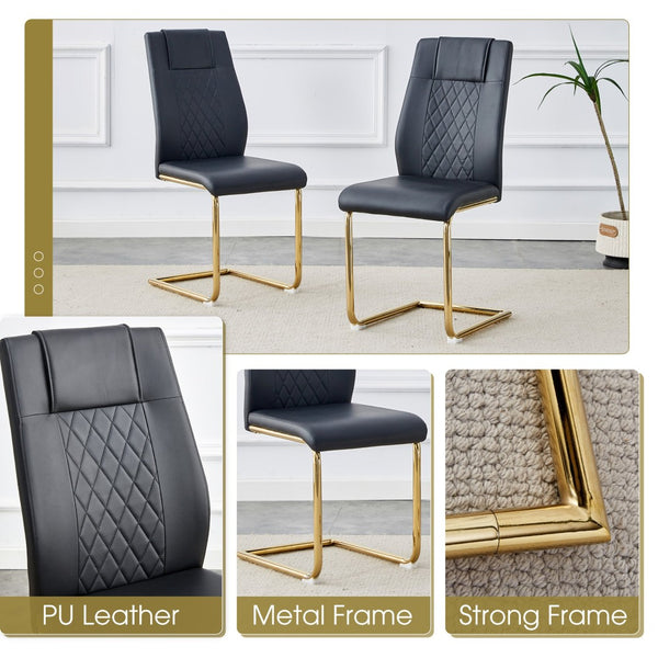 English Elm Table Set - Modern 7-Piece Dining Set With Transparent Tempered Glass Top & 6 Black Pu Chairs, Gold Legs W1151S02589-GIGA