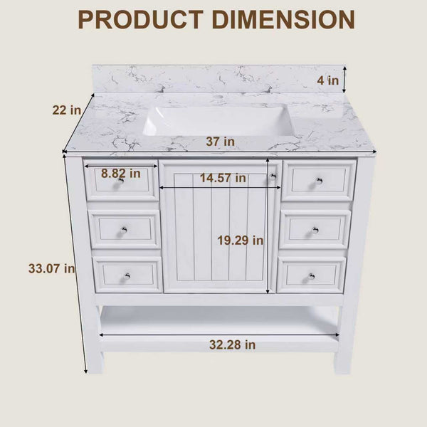 English Elm Modern 37" Bathroom Vanity With Carrara White Top - Sleek, Functional Storage & Easy Assembly! W509S00136