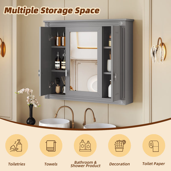English Elm Bathroom Wall Cabinet Mirrored Mdf Three Door Over Toilet Gray Storage Unit N710P252503E