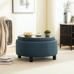 English Elm 29.33"w Fleece Tufted Round Storage Ottoman Reversible Lid Footstool for Living Room Blue W3189P422398
