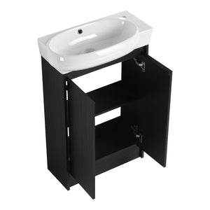 English Elm 23" Freestanding Bathroom Vanity with Ceramic Vessel Sink, Soft-Close Doors, Adjustable Shelf Storage Black Chestnut W999P206107