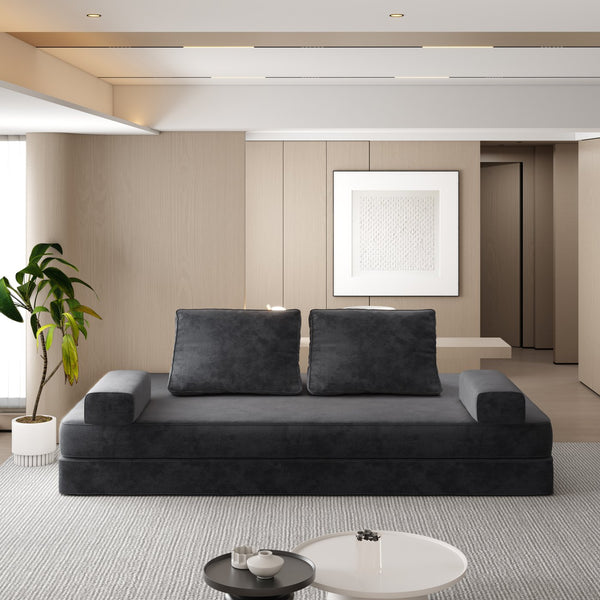 English Elm 86.6"Multifunctional Folding Sofa Bed with Chaise, Fluffy Chenille, Removable Backs & Pillows, Deep Seat Lounge DARK GREY W3219P340667