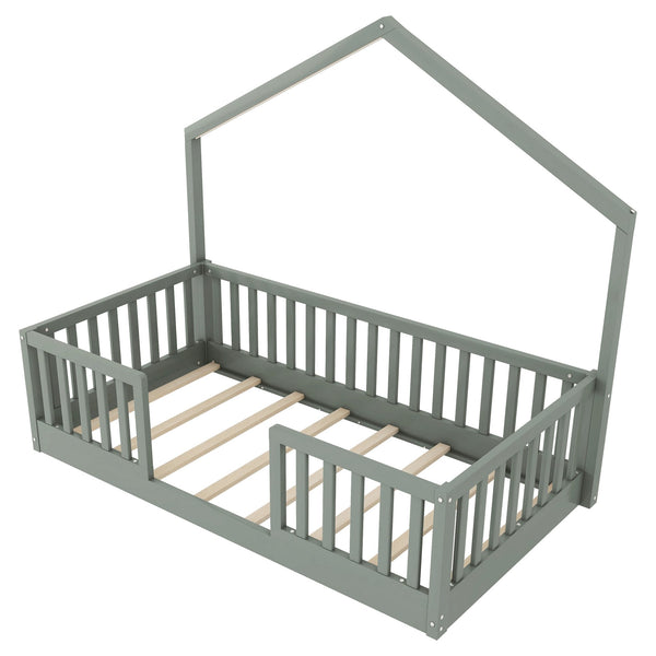 English Elm Twin Montessori Floor Bed House Frame with Led Lighting and Safety Rails for Kids Grey W2593P440597