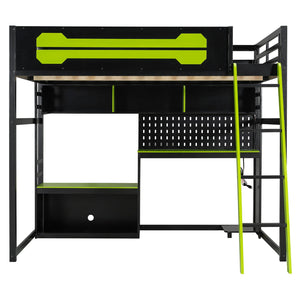 English Elm Full Size Gaming Loft Bed with Built-in Desk Led Lighting Usb Ports and Pegboard Black+Green LT000270AAG