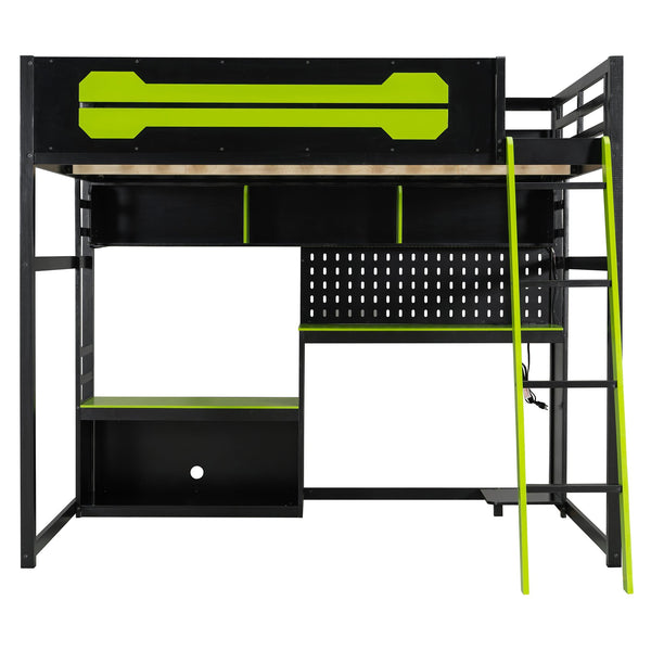 English Elm Full Size Gaming Loft Bed with Built-in Desk Led Lighting Usb Ports and Pegboard Black+Green LT000270AAG