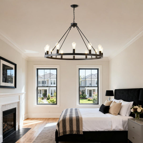 English Elm 39.4 Inch Wagon Wheel Chandelier 12-light Matte Black Farmhouse Pendant for Foyer Dining W5008P389282