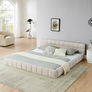 English Elm King Platform Bed Fully Upholstered in Plush Chenille with Low Profile Modern Frame Beige W487S00468