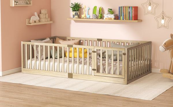 English Elm Twin House Frame Floor Bed Rubberwood with Roof Canopy and Safety Rails for Kids Natural W504P429539