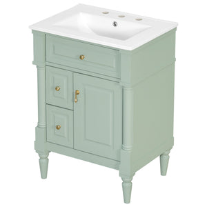 English Elm 24 Inch Freestanding Vanity with Ceramic Sink Rubberwood Frame Matte Finish Storage Green N725P356058F