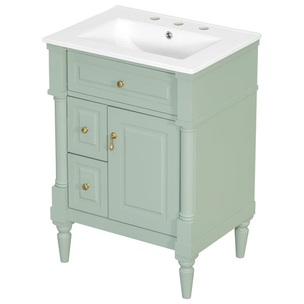 English Elm 24 Inch Freestanding Vanity with Ceramic Sink Rubberwood Frame Matte Finish Storage Green N725P356058F