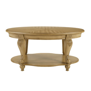 English Elm 42'' Oval Two-tier Wood Cocktail Table with Carved Floral Detail and Open Shelf W1202P318405