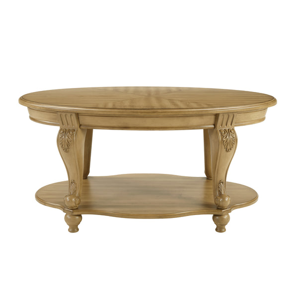 English Elm 42'' Oval Two-tier Wood Cocktail Table with Carved Floral Detail and Open Shelf W1202P318405