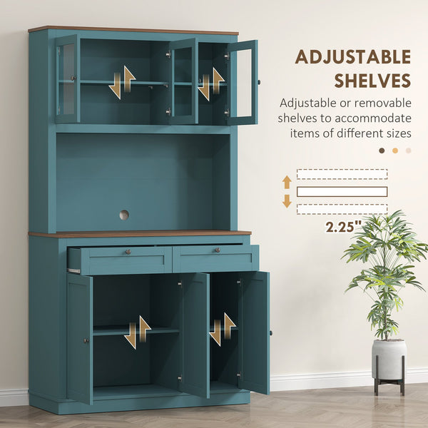 English Elm Adjustable Freestanding Kitchen Hutch with Glass Doors Microwave Station and Drawers T3971P428071