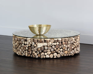 Sunpan Bickford Handcrafted Driftwood Coffee Table with Tempered Glass Top – Unique Rustic Modern Design