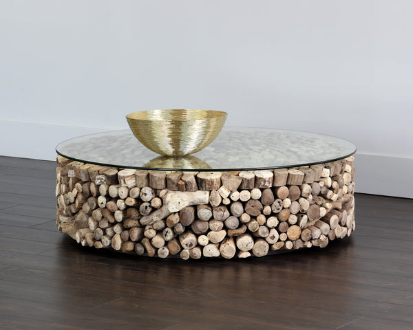 Sunpan Bickford Handcrafted Driftwood Coffee Table with Tempered Glass Top – Unique Rustic Modern Design