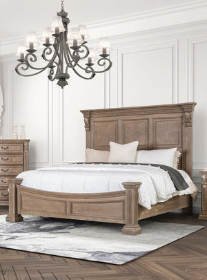 English Elm Formal Weathered Panel Queen Bed with Carved Dentil Moldings, Reeded Posts and Rustic Finish Oak 83 L x 13 W x 6 H B2741S00742