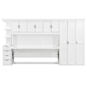 English Elm Twin Murphy Wall Bed with Integrated Desk Wardrobe and Storage Cabinet in White LP000767AAK