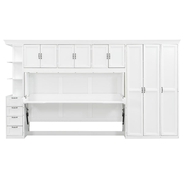 English Elm Twin Murphy Wall Bed with Integrated Desk Wardrobe and Storage Cabinet in White LP000767AAK