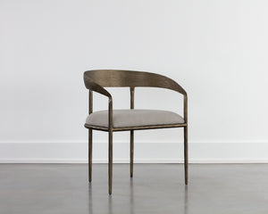 Sunpan Zanatta Dining Armchair – Handcrafted Antique Brass Frame with Unique Hammered Metal Detailing Zenith Taupe Grey