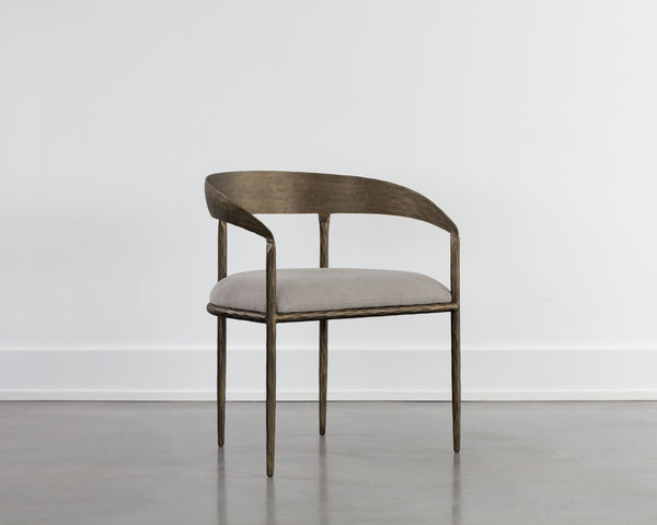 Sunpan Zanatta Dining Armchair – Handcrafted Antique Brass Frame with Unique Hammered Metal Detailing Zenith Taupe Grey