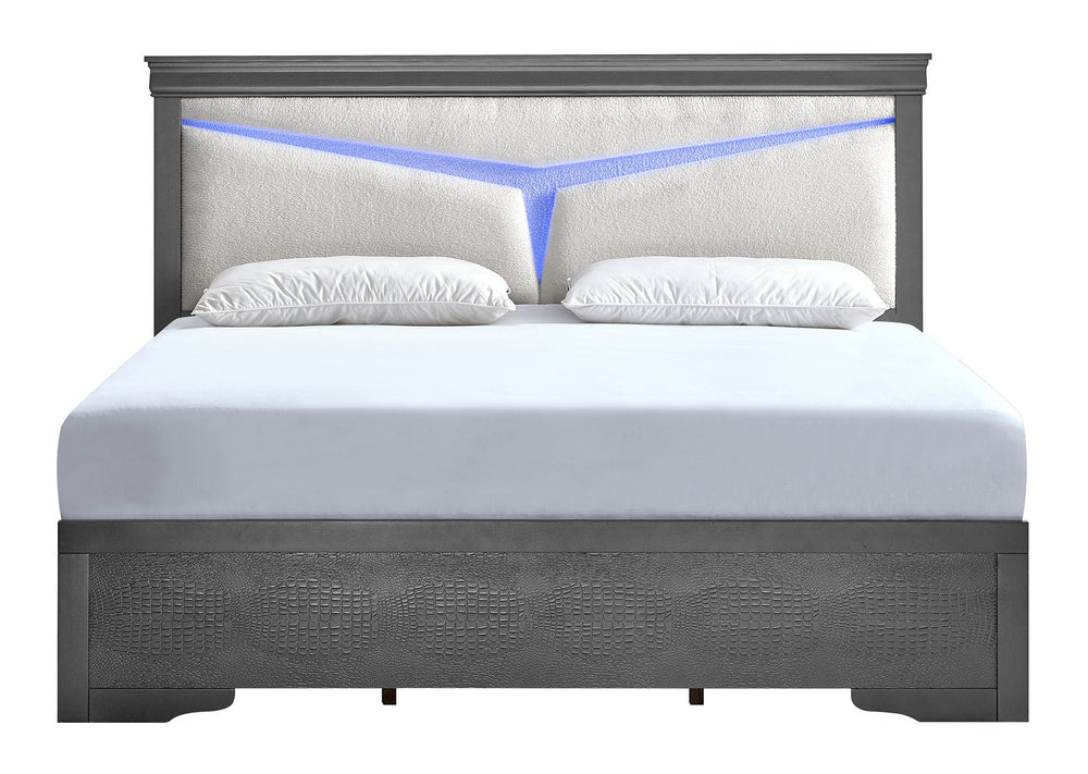 English Elm Lorana Queen Upholstered Bed Plush Teddy Fabric Headboard with Built-in Led Ambient Glow Gray B078S00665