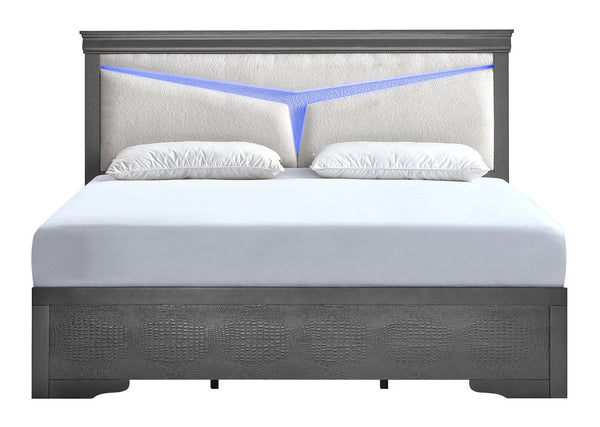 English Elm Lorana Queen Upholstered Bed Plush Teddy Fabric Headboard with Built-in Led Ambient Glow Gray B078S00665