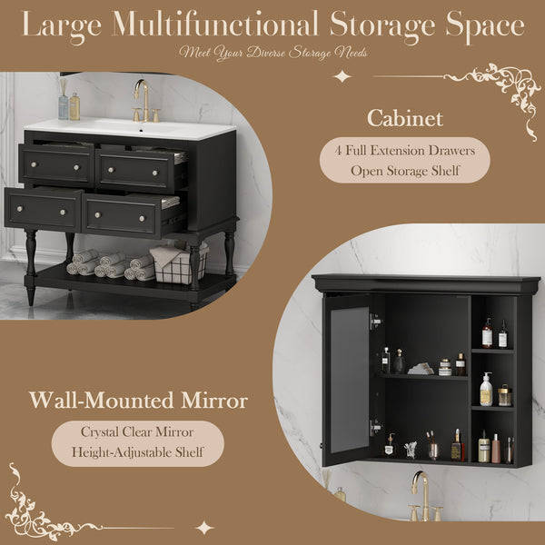 English Elm 36'' Modern Bathroom Vanity with Ceramic Sink and Medicine Cabinet, Solid Wood Frame, 4 Drawers, Waterproof Finish Black SW000138AAB-1