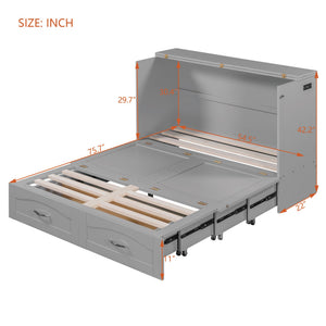 English Elm Full Size Murphy Wall Bed with Storage Drawers Usb Charging Ports and Pulley Mechanism Gray LP100670AAE