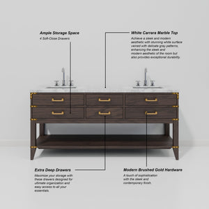 English Elm Brown Oak Double Bath Vanity With Carrara Marble Top, Chrome Faucets & 34" Mirrors - Luxurious Design B2731S01896