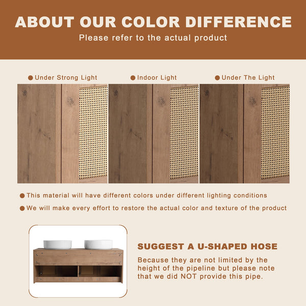 English Elm 48" Floating Bathroom Vanity Dual Ceramic Vessel Sinks Oak Finish Soft Close Doors W999S00504
