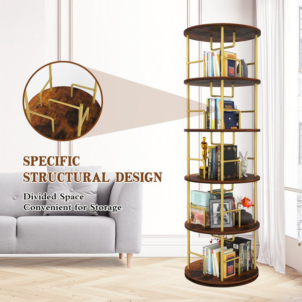 English Elm 5 Tier Rotating Bookshelf Tower with 360° Spin, Space-Saving Corner Display, Modern MDF Storage Unit Golden W3204P354235