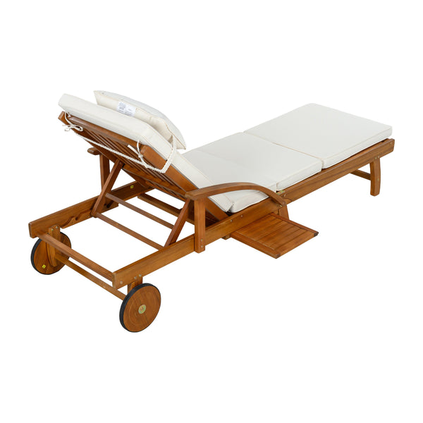 English Elm U_style Acacia Wood Outdoor Chaise Lounger with Reclining Backrest Cushions and Side Tray Beige N711P415859A