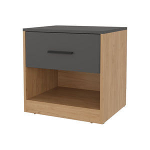 English Elm Solomon modern nightstand in natural oak & matt grey with drawer and open shelf for tidy bedside storage B128P263724