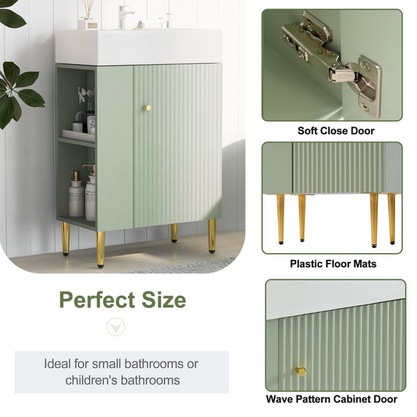 English Elm 21.6" Green Bathroom Vanity with Ceramic Sink, Left Side Storage, Gold Legs, Soft-Close, Modern Finish SV000007AAF