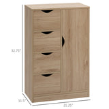 English Elm Homcom Freestanding Storage Cabinet, Bathroom Floor Cabinet With 4 Drawers and Door, Oak