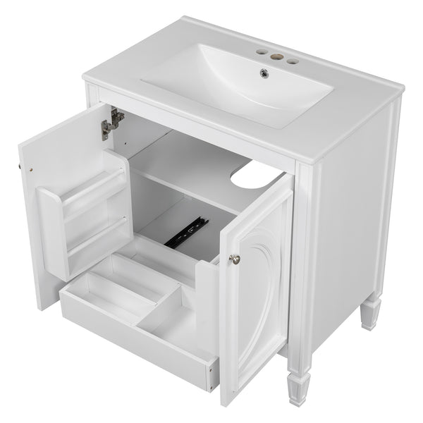 English Elm Christopher Knight Home® - 30" Bathroom Vanity with Sink Vintage Freestanding Ceramic Top Soft-Close Doors Gold Knobs, Storage White N759P226000K
