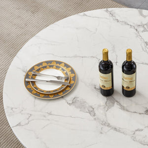 English Elm 47" Round Marble Dining Table - Modern High-Gloss Faux Marble Top With Stainless Steel Base For Style W3456S00007