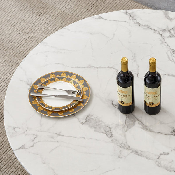 English Elm 47" Round Marble Dining Table - Modern High-Gloss Faux Marble Top With Stainless Steel Base For Style W3456S00007