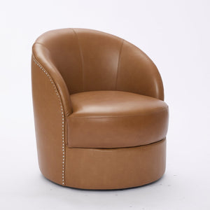 English Elm Light Brown Top-Grain Leather Swivel Accent Chair with 360° Smooth Spin, Rivet Detail, Sturdy 150kg Base W570P386949